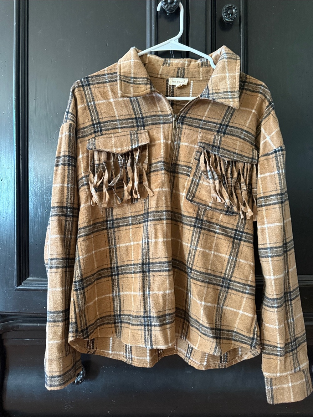 Hem & Thread Plaid Shacket in Camel, Black, and Cream